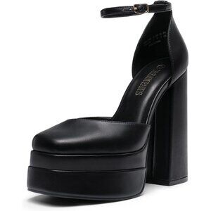 Dream Pairs Womens Black Faux Leather Closed Toe Chunky High Heels Platform